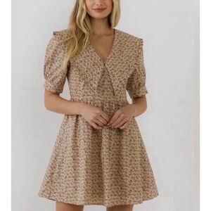English Factory Floral Mini Dress Tan Purple Oversized Collar Puff Sleeve Small